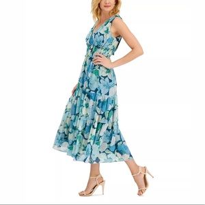 Taylor Blue Floral Tiered Midi Dress ruffles spring green tropical beach aqua
